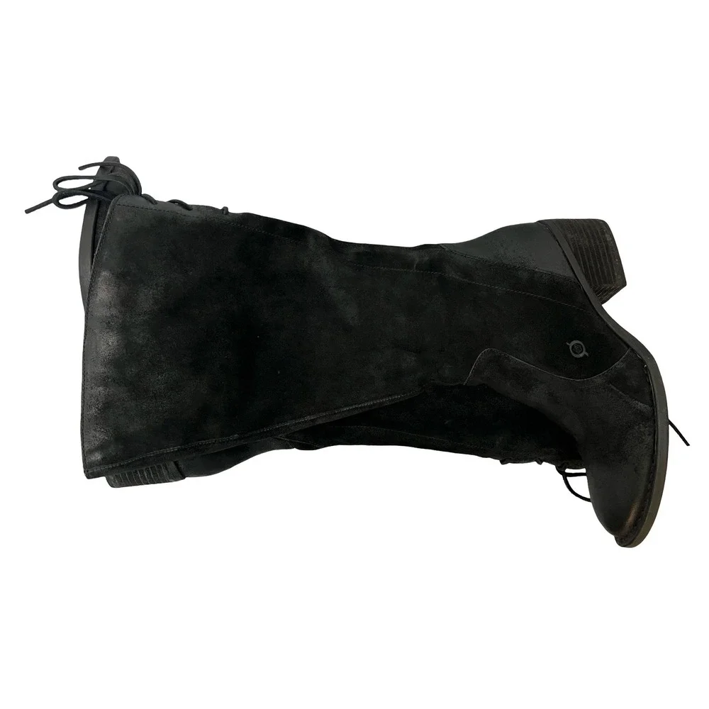 Born F33109 Black Distressed Suede Knee High Lace Up Back Boots Womens 10M WC
